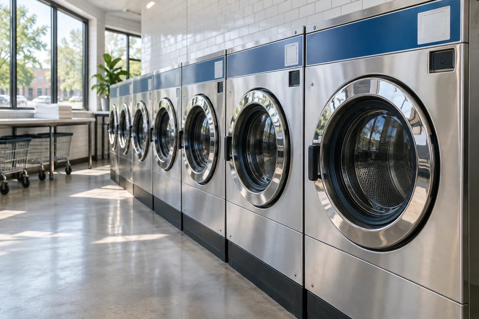 Sunlit laundromat with rows of stainless steel commercial washers